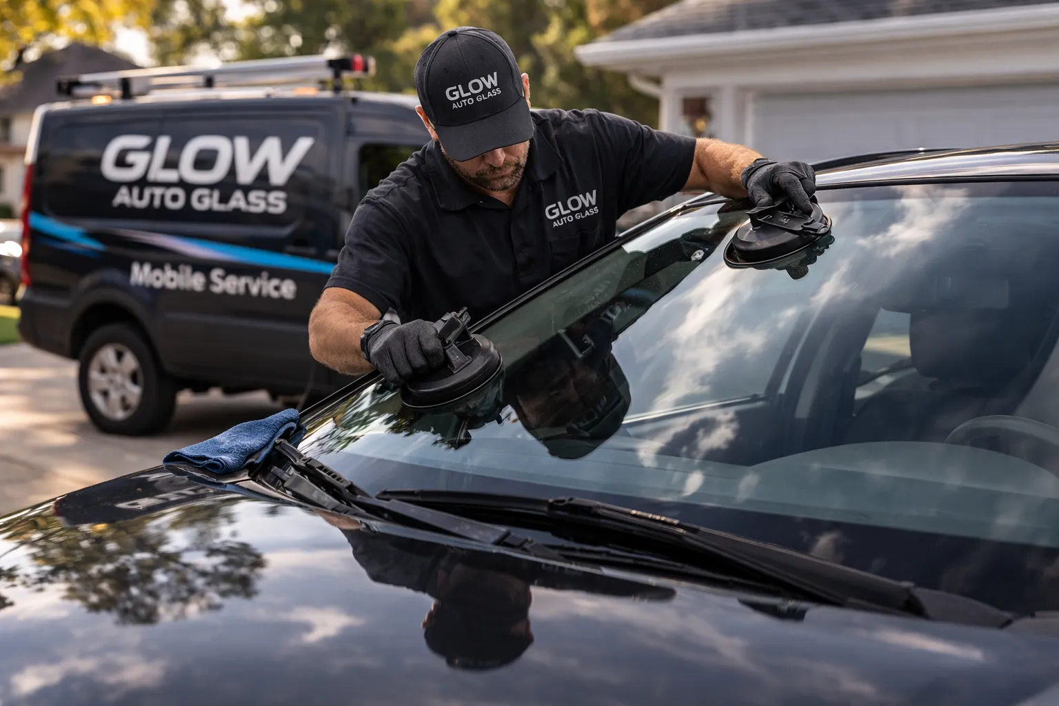 Glow Auto Glass technician installing a windshield with branded mobile service van in background